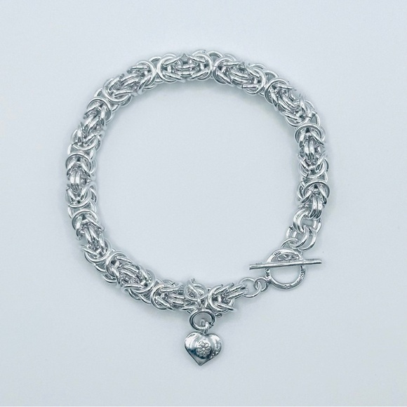 925 Sterling Silver Jewelry - Sterling Silver Byzantine Chainmail Bracelet w/ Hill Tribe Clasp & Heart 36.25g